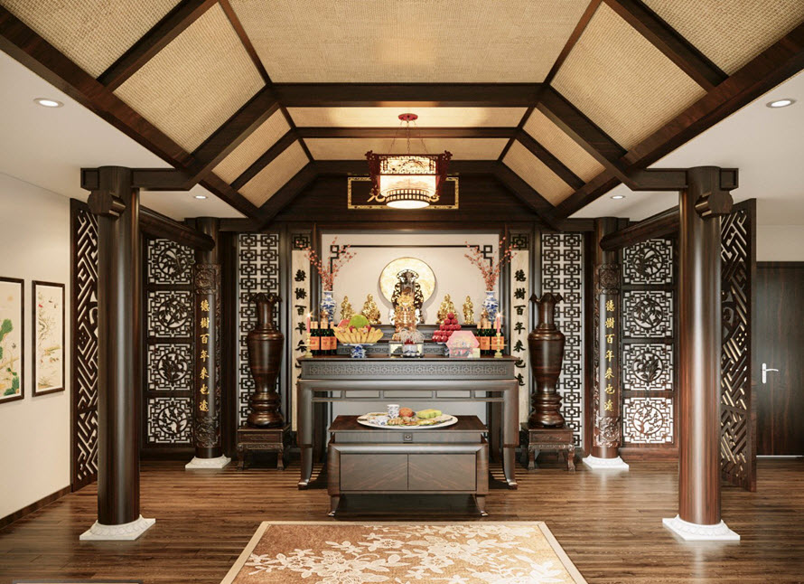 Kh&ocirc;ng gian ph&ograve;ng thờ gia ti&ecirc;n rộng r&atilde;i, tho&aacute;ng s&aacute;ng, b&agrave;i tr&iacute; đối xứng h&agrave;i h&ograve;a.