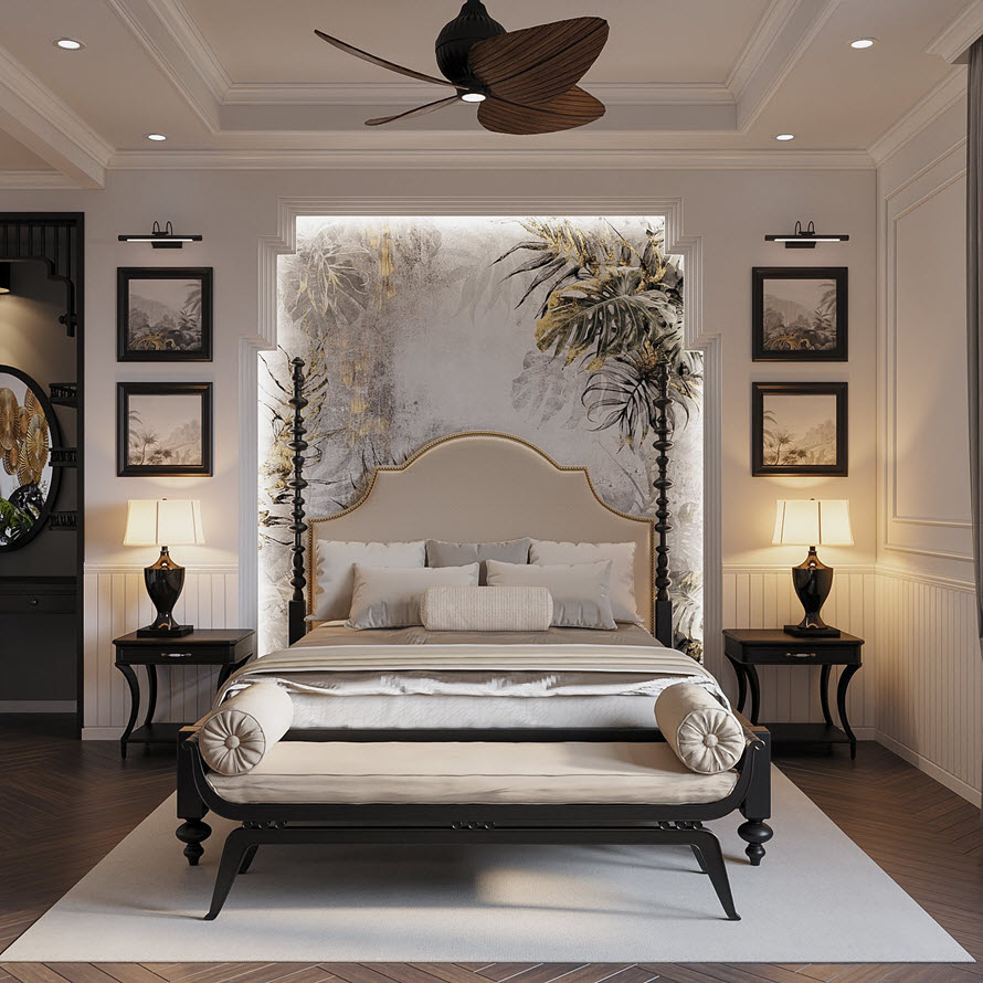Phòng ngủ kết hợp giữa phong cách Indochine và Luxury với bảng màu trung tính nhã nhặn, tạo cảm giác thư giãn cho gia chủ.