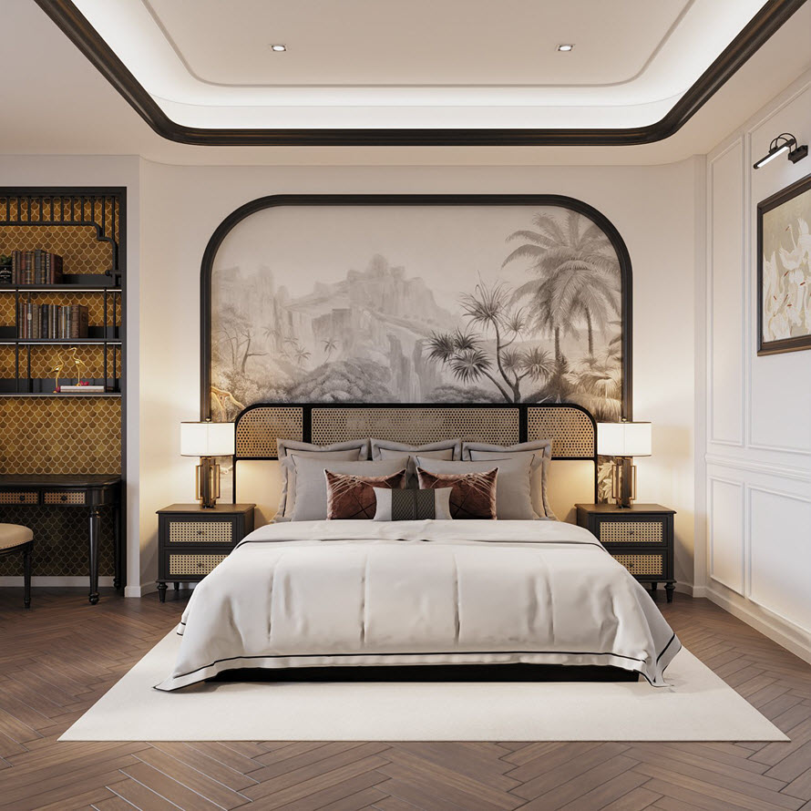 Vẫn l&agrave; phong c&aacute;ch nội thất Indochine - Luxury nhưng được thể hiện nhẹ nh&agrave;ng, thanh tho&aacute;t hơn trong ph&ograve;ng ngủ n&agrave;y.