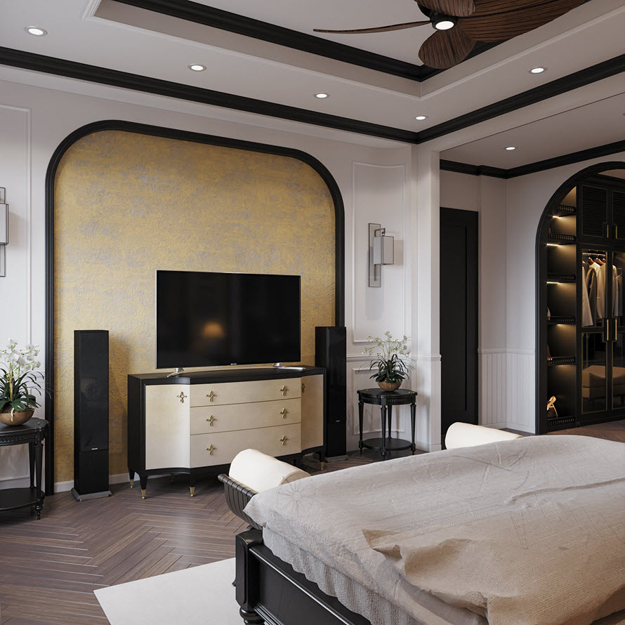 Với diện t&iacute;ch rộng r&atilde;i, ph&ograve;ng ngủ t&iacute;ch hợp cả ph&ograve;ng thay đồ sang chảnh.