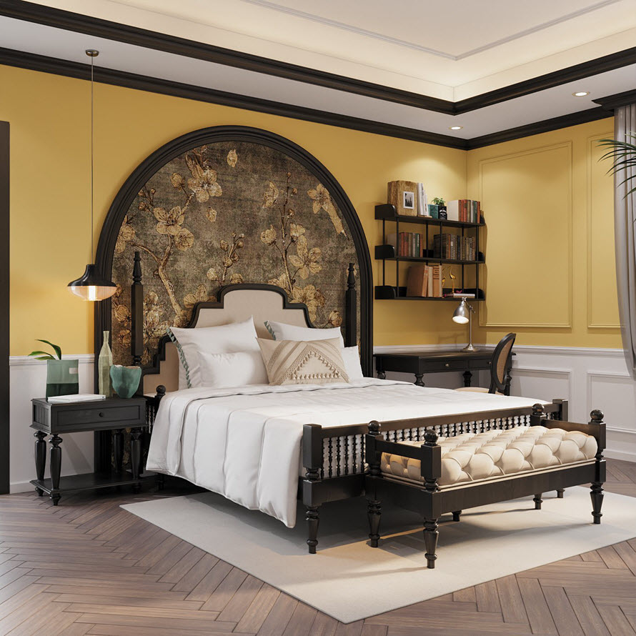Bàn làm việc nhỏ gọn được bố trí gọn gàng một bên đầu giường, hài hòa với tổng thể không gian chung. Ga gối, trần nhà màu trắng giúp cân bằng bảng màu một cách tinh tế.
