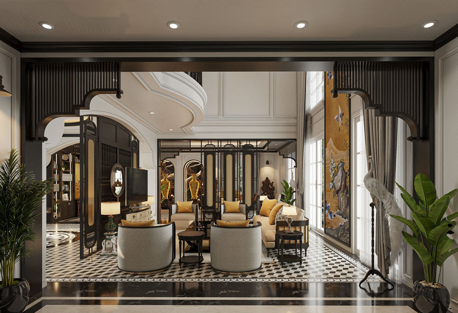 Phong c&aacute;ch Đ&ocirc;ng Dương trong căn biệt thự n&agrave;y được dung h&ograve;a tinh tế với phong c&aacute;ch Luxury mang đến chất ri&ecirc;ng.