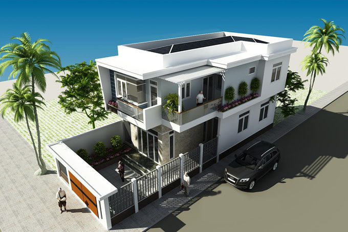 Phối cảnh mẫu nhà ống 2 tầng 2 mặt tiền 7x13,4m có sân trước
