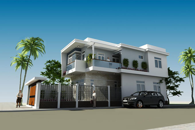 Phối cảnh mặt bên nhà ống 2 tầng hiện đại