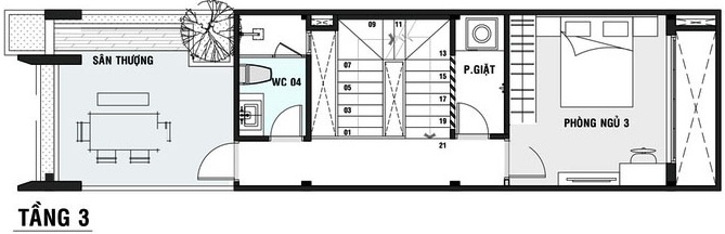 Mặt bằng công năng tầng 3 mẫu thiết kế nhà ống 3 tầng hiện đại 4x18m Mặt bằng công năng tầng 3 mẫu thiết kế nhà ống 3 tầng hiện đại 4x18m