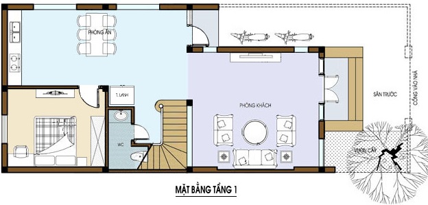 Mặt bằng công năng tầng 1 nhà ống 2 mặt tiền