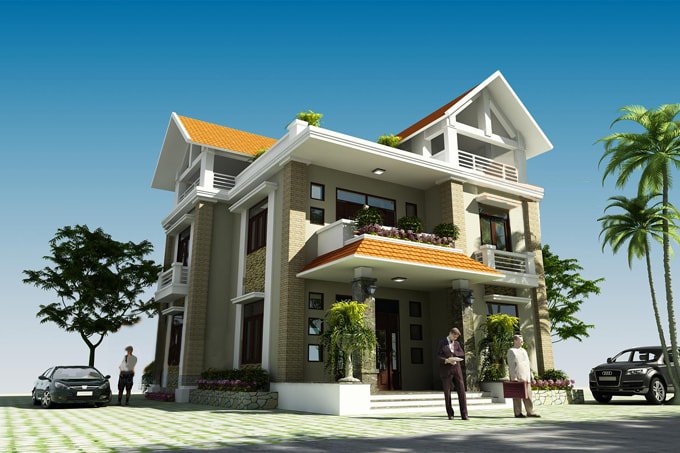 Phối cảnh mẫu biệt thự 2 tầng mái Thái phong cách hiện đại