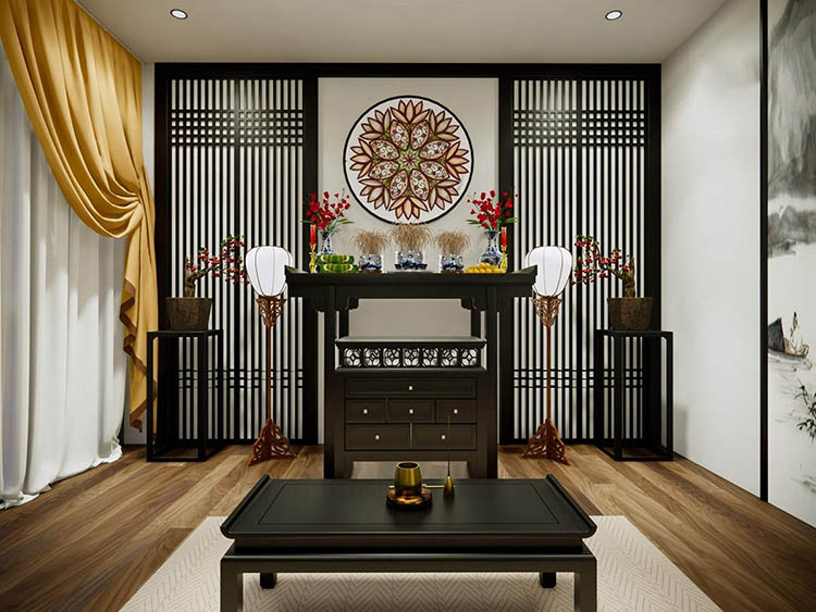 Không gian phòng thờ yên tĩnh, tông nghiêm.