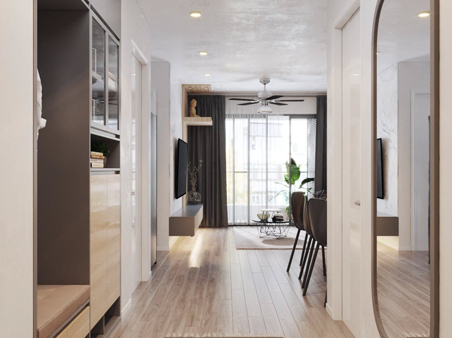 Ở góc nhìn từ cửa vào, không gian căn hộ 80m2 hai phòng ngủ rất thoáng và đón được tối đa ánh sáng tự nhiên.
