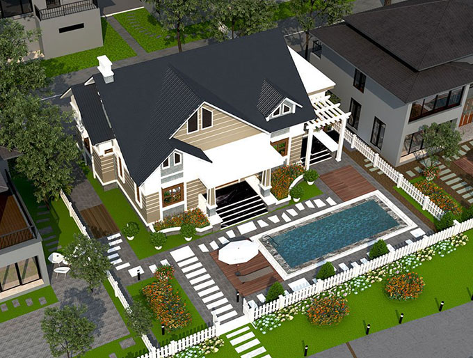 Phối cảnh 3D mẫu nhà vườn 1 tầng mái Thái