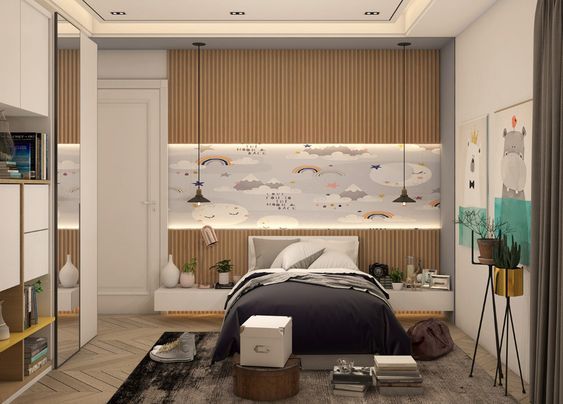 Không gian phòng ngủ dành cho cậu con trai với bảng màu trung tính nhẹ nhàng, trẻ trung.