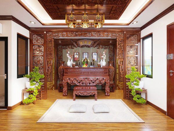 Không gian phòng thờ thoáng sáng, bài trí theo lối đối xứng hài hòa.