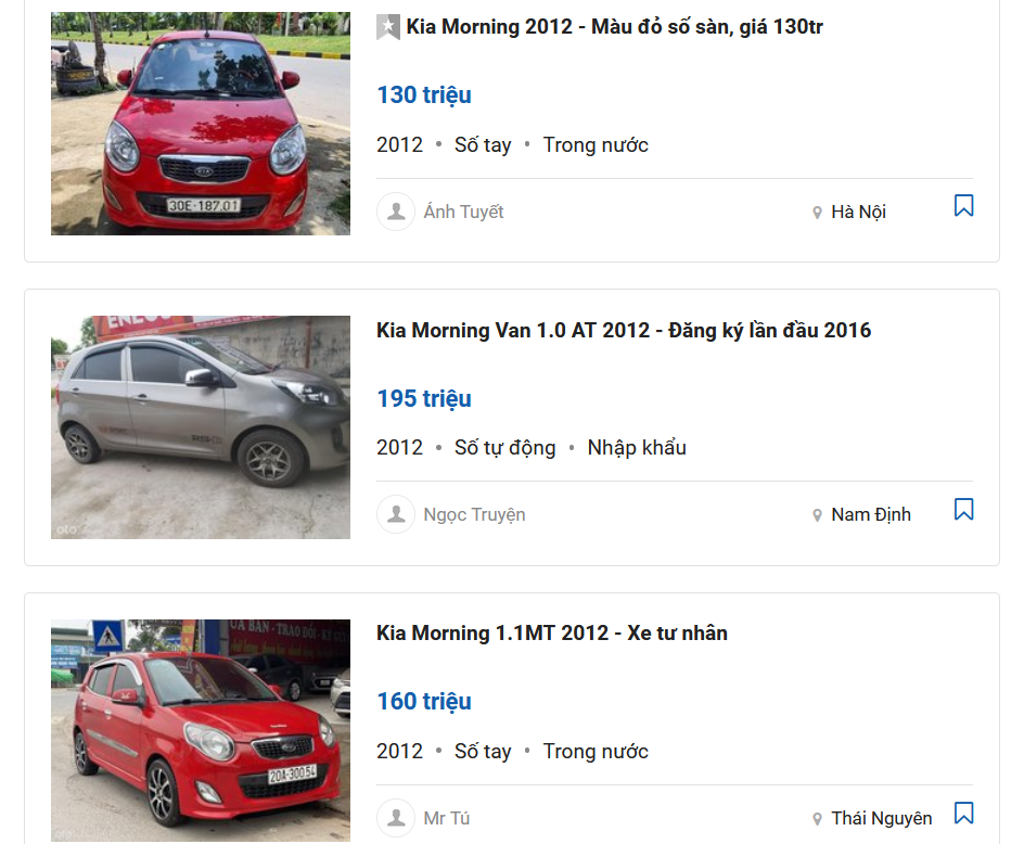 KIA Morning 2012 cũ đang rao bán với đa dạng khoảng giá hấp dẫn.