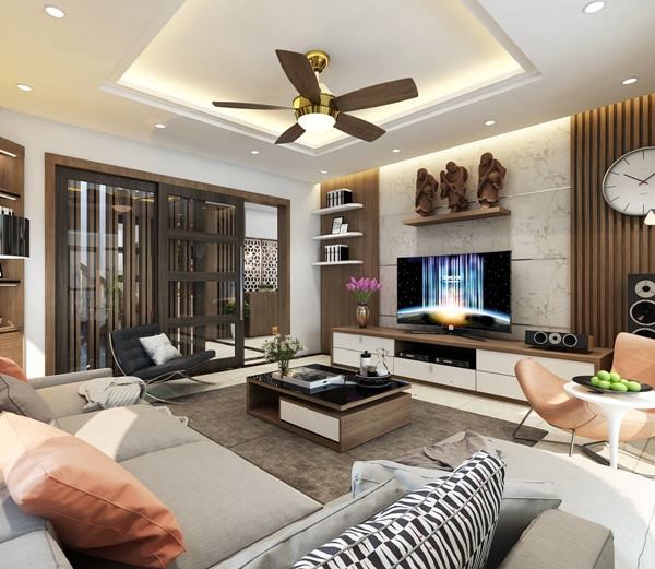 Mẫu thiết kế nội thất ph&ograve;ng kh&aacute;ch nh&agrave; vườn phong c&aacute;ch hiện đại được nhiều gia chủ lựa chọn. T&ocirc;ng m&agrave;u trung t&iacute;nh mang lại vẻ sang trọng cho căn ph&ograve;ng.