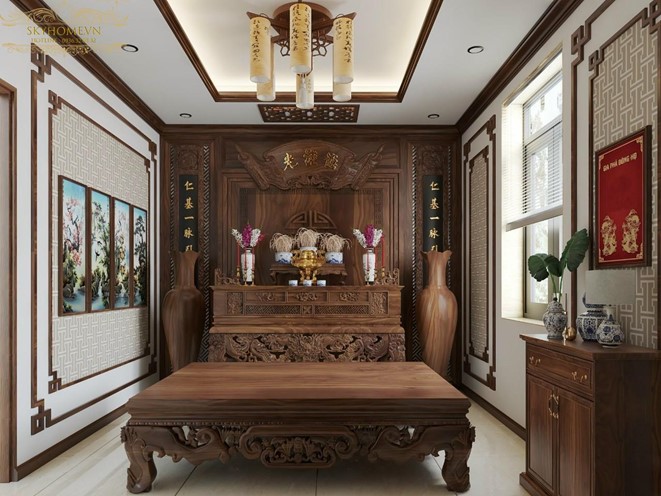 Ph&ograve;ng thờ t&ocirc;n nghi&ecirc;m với nội thất gỗ tự nhi&ecirc;n chạm trổ truyền thống.