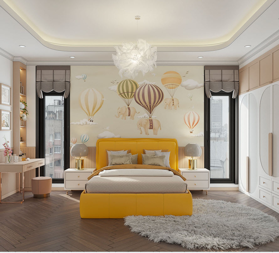 Ở ph&ograve;ng ngủ n&agrave;y, thiết kế nội thất cơ bản vẫn l&agrave; Indochine, tuy nhi&ecirc;n bảng m&agrave;u sử dụng trẻ trung, hiện đại hơn.