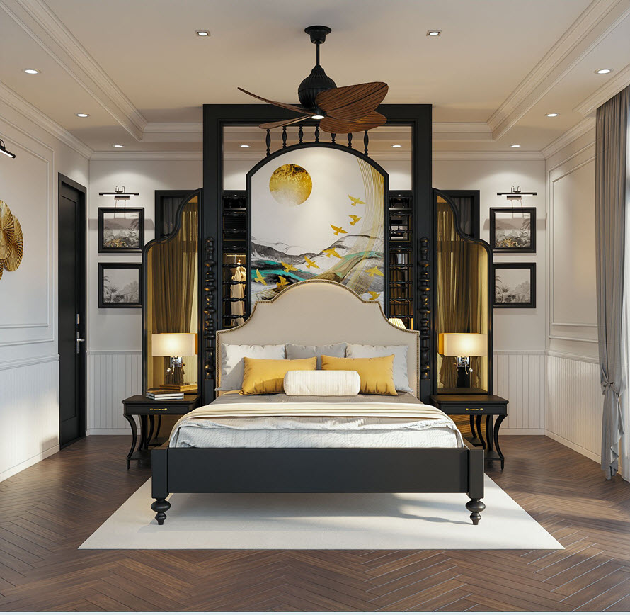 Nội thất ph&ograve;ng ngủ master thể hiện r&otilde; những đặc trưng của phong c&aacute;ch Indochine sang trọng, tinh tế v&agrave; rất đỗi gần gũi.