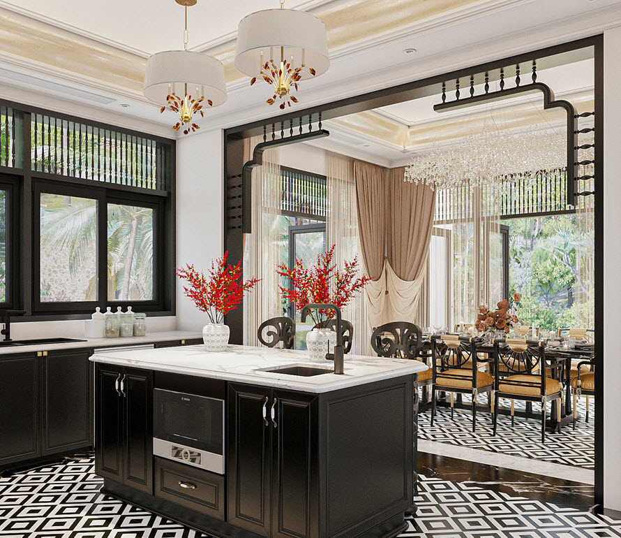 B&agrave;n đảo ngo&agrave;i chức năng đơn thuần c&ograve;n đ&oacute;ng vai tr&ograve; như một v&aacute;ch ngăn ph&acirc;n t&aacute;ch tương đối giữa bếp v&agrave; ph&ograve;ng ăn.