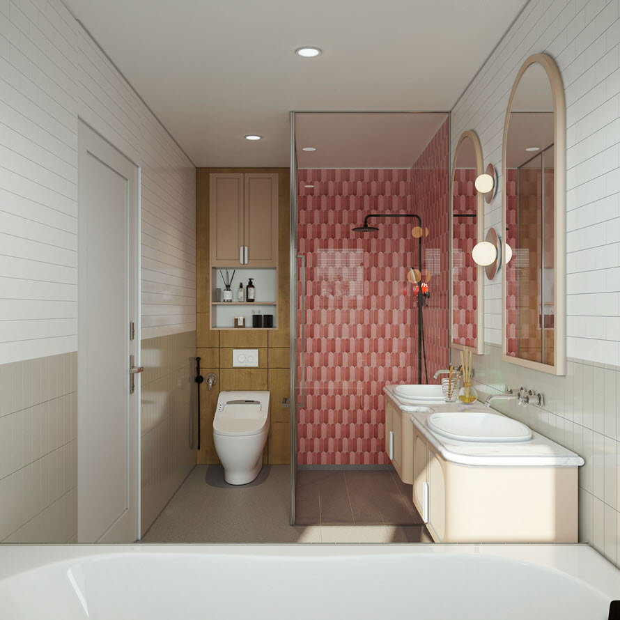 Ph&ograve;ng tắm - vệ sinh với bồn rửa đ&ocirc;i thuận tiện trong sinh hoạt h&agrave;ng ng&agrave;y. Buồng tắm được định vị bởi t&ocirc;ng m&agrave;u ấm &aacute;p.