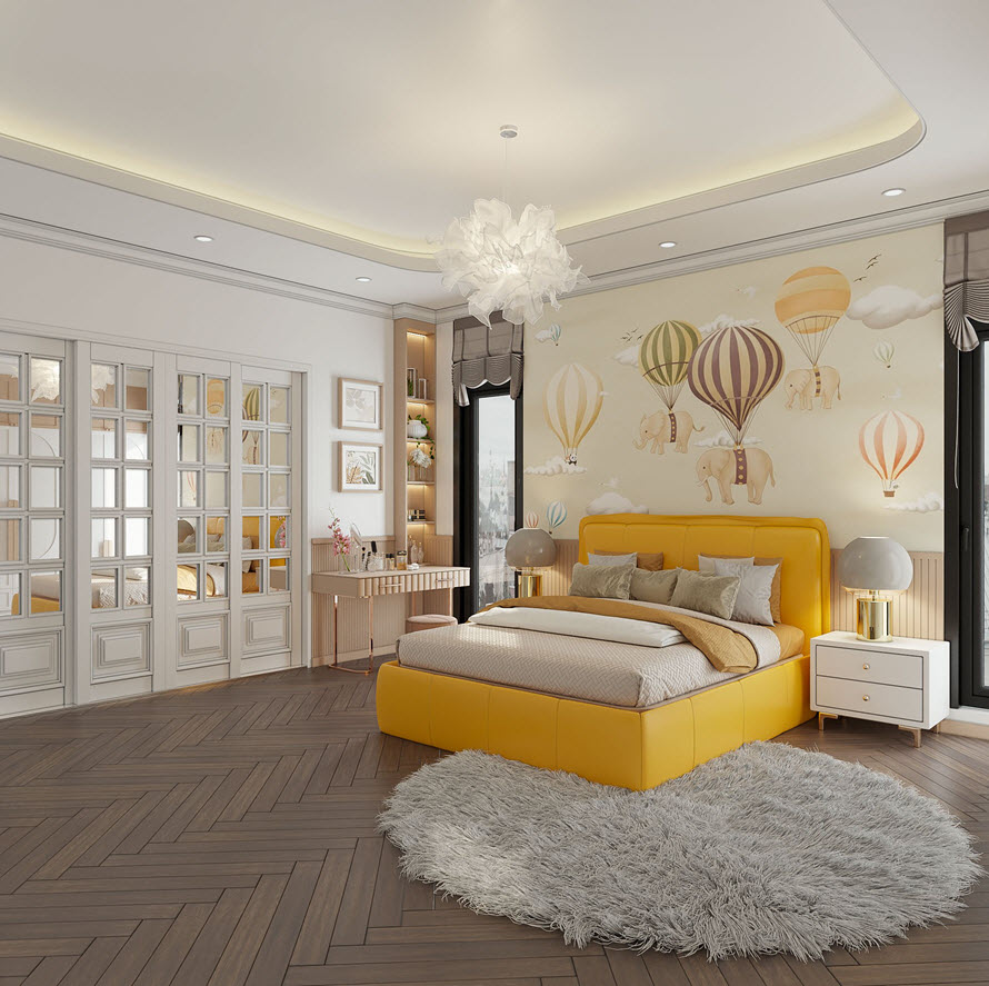 Tường đầu giường decor theo sở th&iacute;ch của chủ nh&acirc;n căn ph&ograve;ng. S&agrave;n gỗ xương c&aacute; t&ocirc;ng m&agrave;u tự nhi&ecirc;n gi&uacute;p c&acirc;n bằng bảng m&agrave;u tổng thể.
