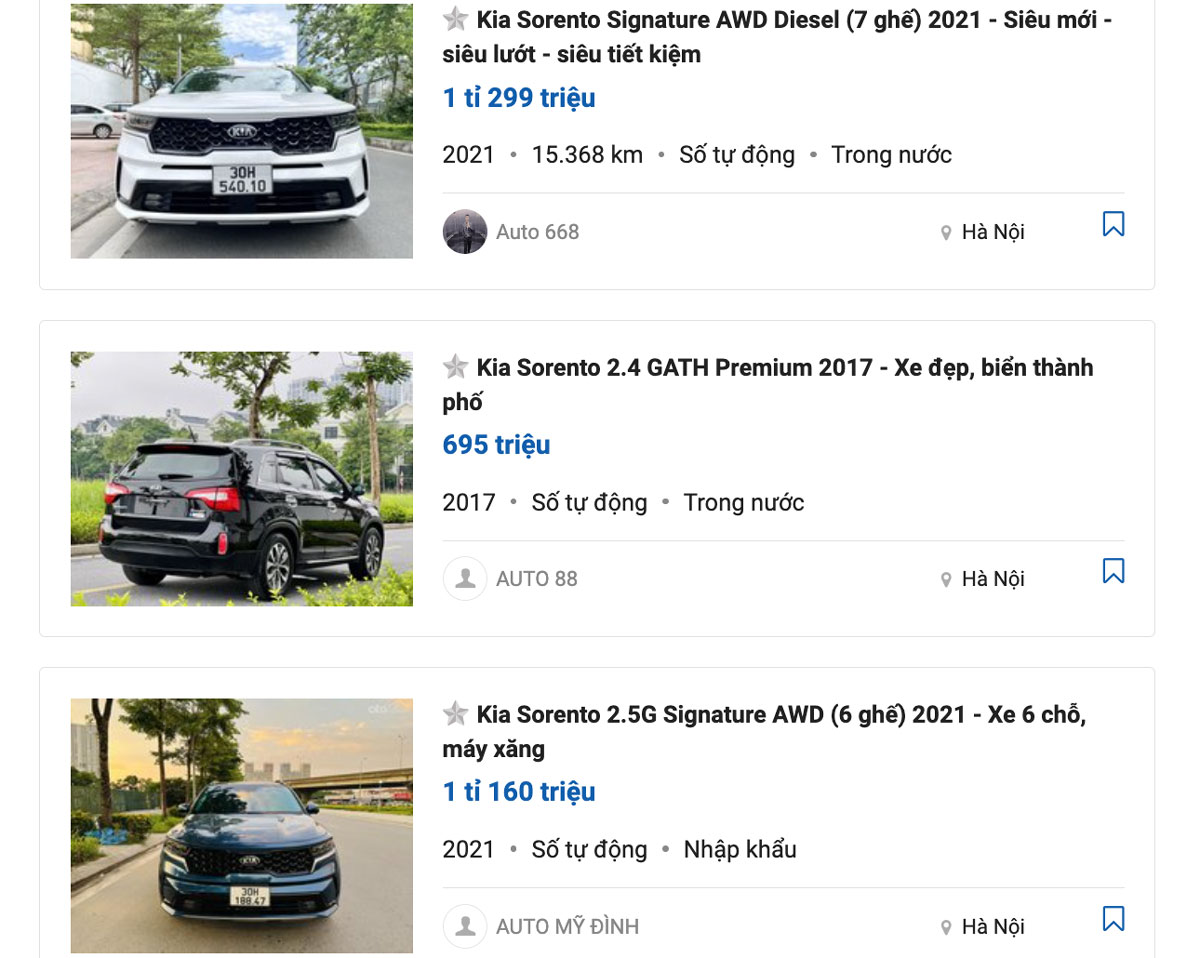 Giá xe KIA Sorento cũ cũng mềm hơn đáng kể so với giá xe mới. 