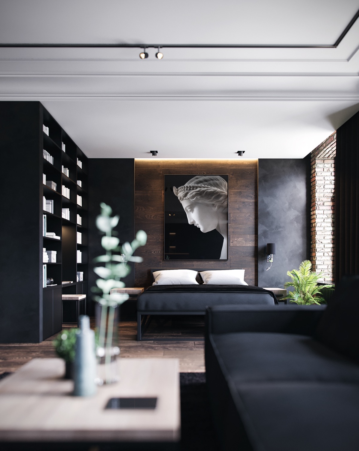 Ph&ograve;ng ngủ đẹp thanh lịch với m&agrave;u đen tuyền kết hợp chất liệu gỗ ấm &aacute;p c&ugrave;ng một v&agrave;i điểm nhấn m&agrave;u trắng sang trọng.