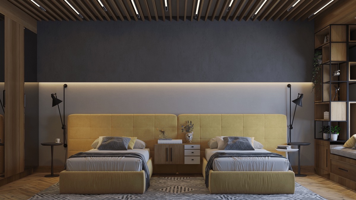 Sắc v&agrave;ng tiếp tục tạo sự c&acirc;n bằng v&agrave; sang trọng cho ph&ograve;ng ngủ t&ocirc;ng m&agrave;u tối chủ đạo. Lối b&agrave;i tr&iacute; đối xứng chưa bao giờ lỗi mốt.