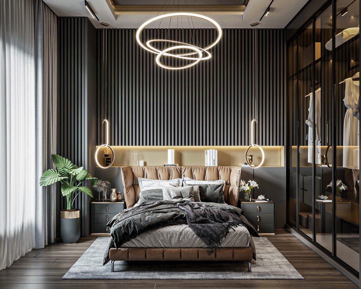 Đ&egrave;n ch&ugrave;m ấn tượng với mặt d&acirc;y chuyền li&ecirc;n kết chuỗi v&agrave; kệ đầu giường được chiếu s&aacute;ng tạo ra một kết nối s&aacute;ng từ tr&ecirc;n xuống dưới.