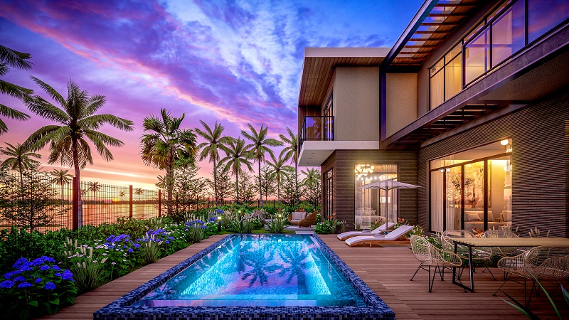 Mỗi biệt thự tại phân khu compound The Aqua đều có sân vườn, hồ bơi nhìn ra sông Vàm Cỏ Đông