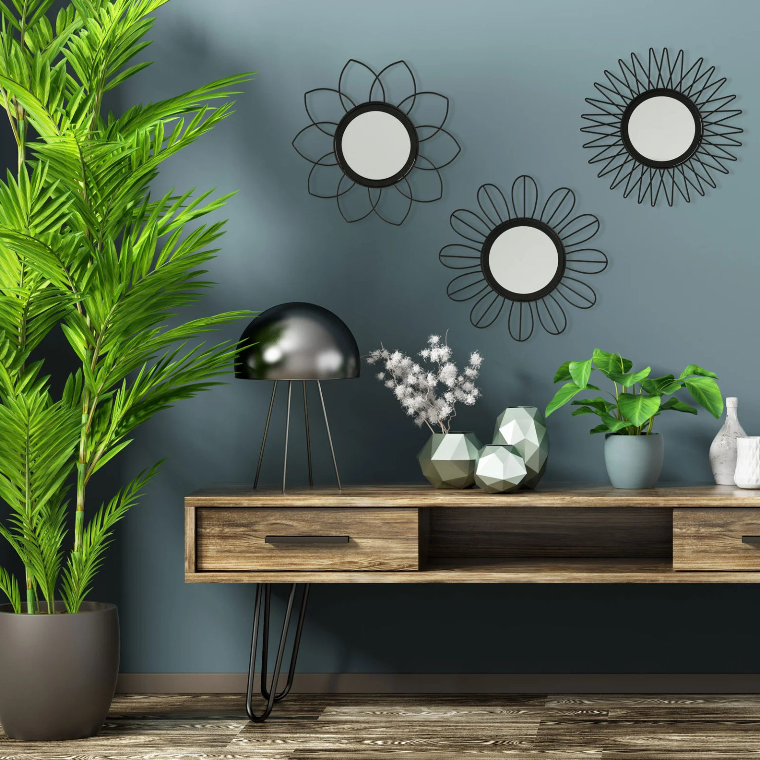 Bộ gương trang tr&iacute; l&agrave; sự bổ sung ho&agrave;n hảo cho bức tường sơn m&agrave;u xanh x&aacute;m n&agrave;y.