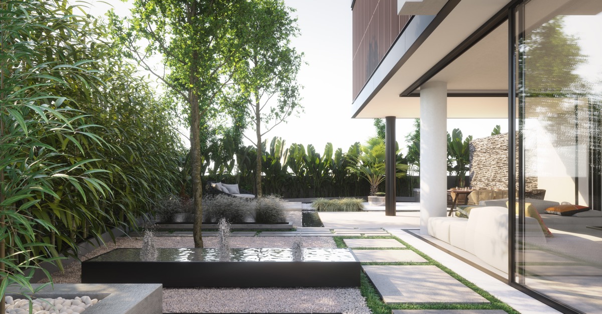 Mẫu thiết kế cảnh quan s&acirc;n vườn cho biệt thự, nh&agrave; phố phong c&aacute;ch hiện đại sang trọng.