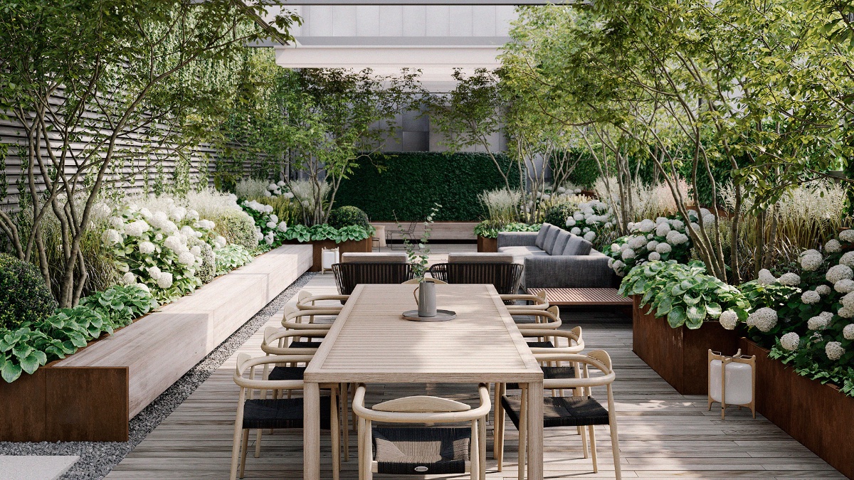 S&acirc;n vườn đ&aacute;ng mơ ước với kh&ocirc;ng gian tiếp kh&aacute;ch v&agrave; ăn uống ngo&agrave;i trời, giao h&ograve;a c&ugrave;ng thi&ecirc;n nhi&ecirc;n. C&acirc;y hoa cao thấp đan xen th&ecirc;m điểm nhấn tinh tế.