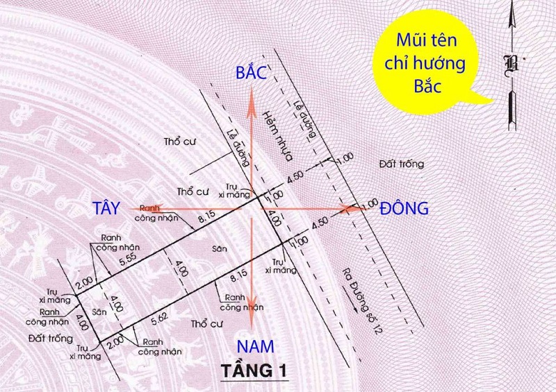 Nhìn vào bản vẽ có thể xác định được hướng đất trên sổ hồng, sổ đỏ