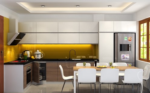 Khu bếp kết hợp ph&ograve;ng ăn bố tr&iacute; k&iacute;n đ&aacute;o ở ph&iacute;a trong với diện t&iacute;ch vừa phải, trang bị đầy đủ tiện &iacute;ch thiết yếu phục vụ nhu cầu của cuộc sống hiện đại.