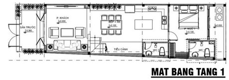 Mặt bằng tầng 1 nh&agrave; ống 2 tầng 1 tum phong c&aacute;ch hiện đại