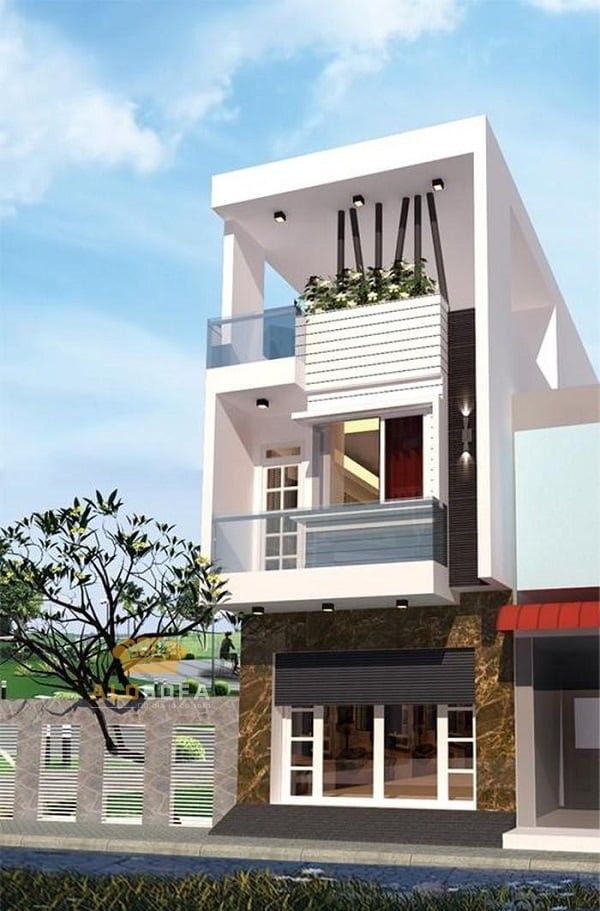 Phối cảnh mẫu nh&agrave; ống 2 tầng 1 tum phong c&aacute;ch hiện đại
