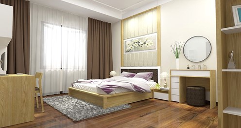 Kh&ocirc;ng gian ph&ograve;ng ngủ của &ocirc;ng b&agrave; sử dụng nội thất gỗ chủ đạo mang lại cảm gi&aacute;c th&acirc;n thiện, ấm &aacute;p, ph&ugrave; hợp với người cao tuổi.