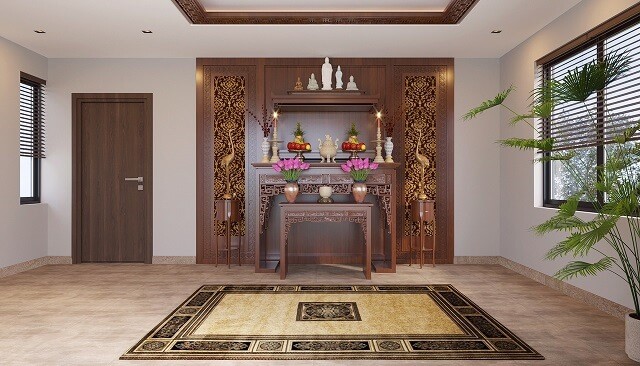 Mẫu ph&ograve;ng thờ đẹp với diện t&iacute;ch rộng r&atilde;i, nội thất gỗ ấm &aacute;p.