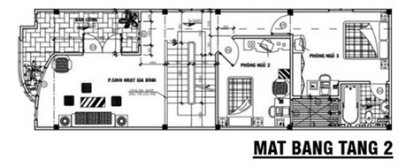 Mặt bằng c&ocirc;ng năng tầng 2 nh&agrave; ống 3 tầng