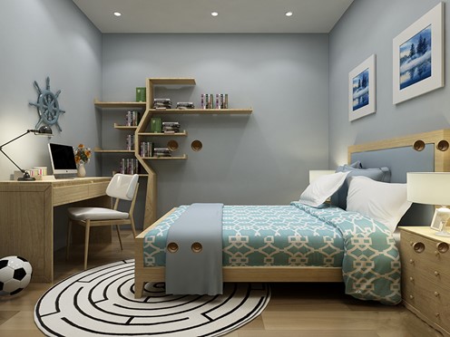 Ph&ograve;ng ngủ kết hợp g&oacute;c học tập tiện nghi d&agrave;nh cho cậu con trai lớn.Tường sơn m&agrave;u x&aacute;m xanh trẻ trung, sang trọng.