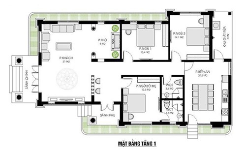 Mặt bằng c&ocirc;ng năng mẫu nh&agrave; vườn 1 tầng m&aacute;i Th&aacute;i hiện đại