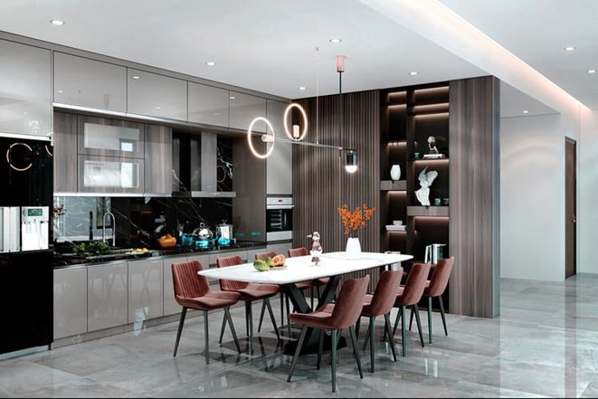 Bếp v&agrave; ph&ograve;ng ăn tiện nghi, sang trọng. Bộ ghế ăn t&ocirc;ng m&agrave;u đỏ rượu vang mang lại cảm gi&aacute;c ấm &aacute;p, l&agrave; điểm nhấn m&agrave;u sắc nổi bật tr&ecirc;n nền trung t&iacute;nh chủ đạo.