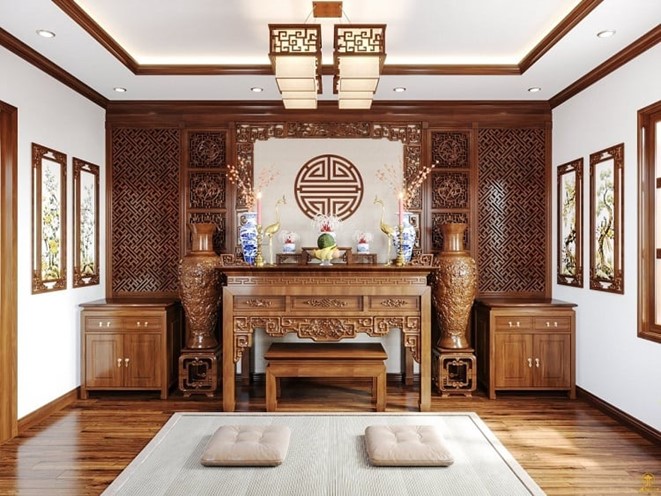 Kh&ocirc;ng gian ph&ograve;ng thờ ấm &aacute;p, t&ocirc;n nghiệp với nội thất gỗ tự nhi&ecirc;n chạm trổ tinh tế.