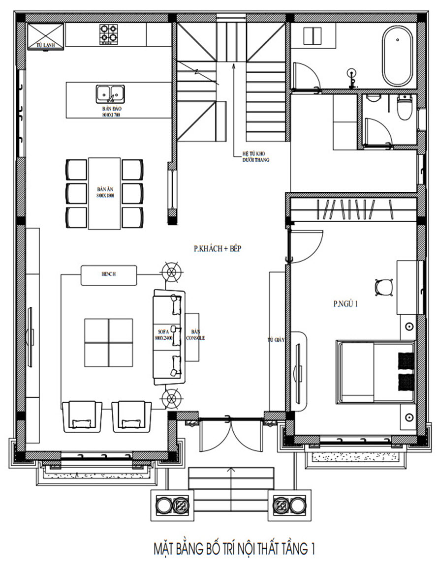 Mặt bằng công năng tầng 1 nhà phố phong cách Farmhouse Mặt bằng công năng tầng 1 nhà phố phong cách Farmhouse