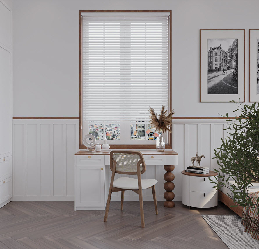 Góc làm việc kiêm bàn phấn gọn xinh đặt cạnh cửa sổ ngập tràn ánh sáng. Góc làm việc kiêm bàn phấn gọn xinh đặt cạnh cửa sổ ngập tràn ánh sáng.