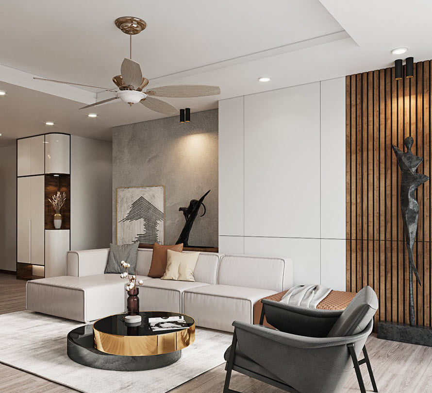 Ph&ograve;ng kh&aacute;ch hiện đại với sofa m&agrave;u trắng ng&agrave;, b&agrave;n c&agrave; ph&ecirc; tr&ograve;n t&iacute;ch hợp