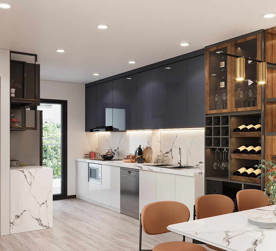 Gian bếp hiện đại với đầy đủ tiện nghi thiết yếu. Hệ tủ bếp m&agrave;u trắng, x&aacute;m đen to&aacute;t l&ecirc;n vẻ sang trọng, qu&yacute; ph&aacute;i. Ph&ograve;ng c&oacute; cửa mở ra logia n&ecirc;n rất tho&aacute;ng s&aacute;ng.