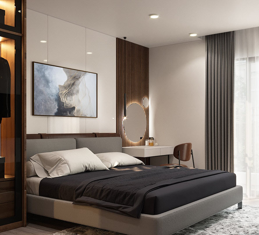 Tường khu vực b&agrave;n phấn ốp gỗ c&ugrave;ng t&ocirc;ng với hệ tủ quần &aacute;o mang lại cảm gi&aacute;c th&acirc;n thiện, thư gi&atilde;n cho kh&ocirc;ng gian ngủ nghỉ.