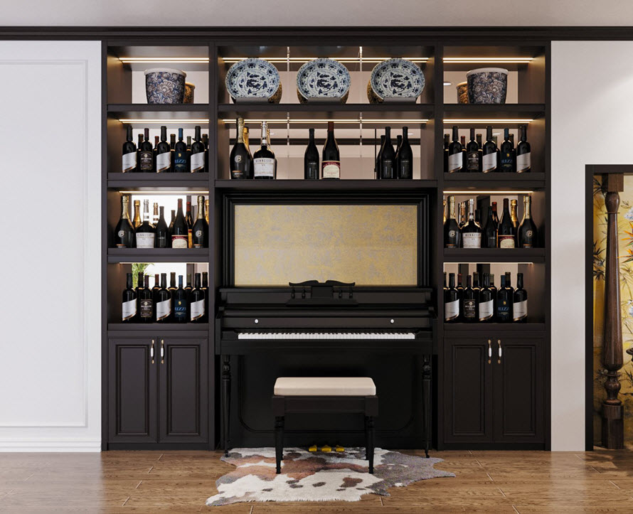 Kệ rượu sang trọng tích hợp đàn piano tạo góc giải trí, thư giãn.