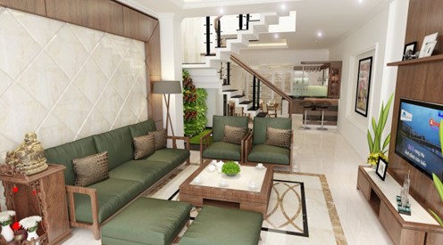 Ph&ograve;ng kh&aacute;ch nh&agrave; ống b&agrave;i tr&iacute; theo phong c&aacute;ch truyền thống kết hợp hiện đại. Điểm nhấn l&agrave; bộ ghế sofa m&agrave;u xanh l&aacute; cung cấp chỗ ngồi thoải m&aacute;i.